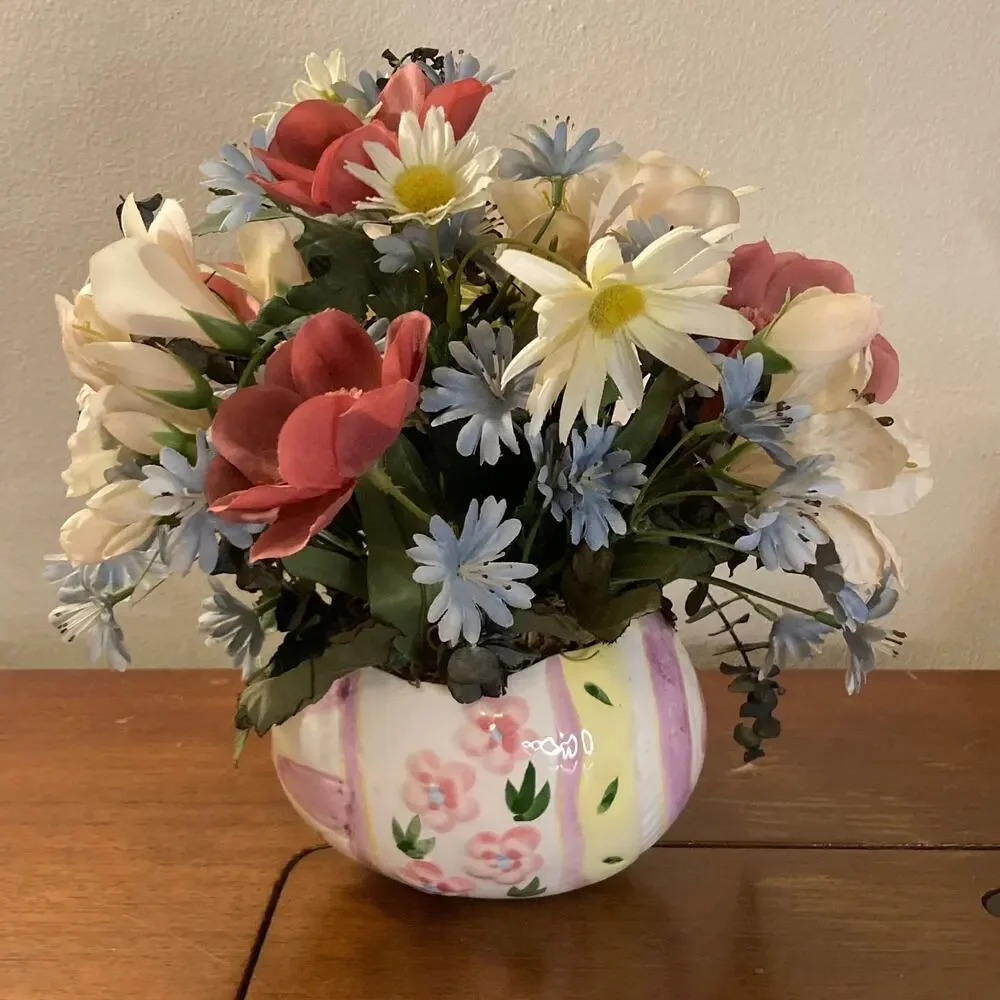 Vintage 90s Shabby Chic Silk Wildflowers in Ceramic Easter Egg-Shaped Vase EUC
